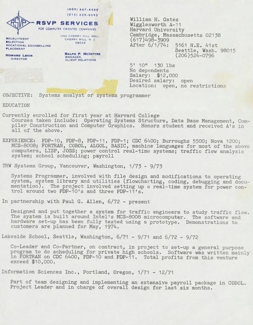 Este es el currículum de Bill Gates de hace 48 años