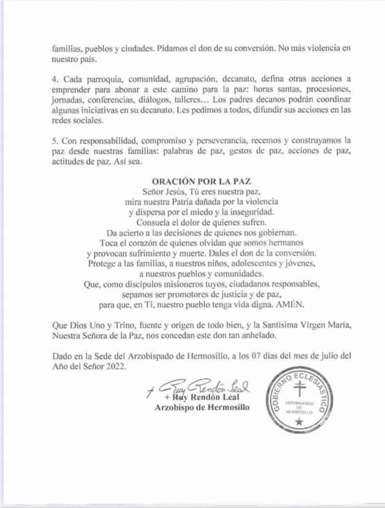 Arquidiócesis de Hermosillo se suma a la  jornada de oración por la paz