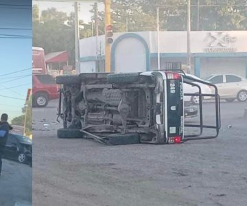 Choque provoca volcamiento de una patrulla de la Policía de Navojoa