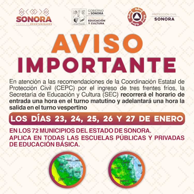 Modifican horario de clases por bajas temperaturas en escuelas de Sonora