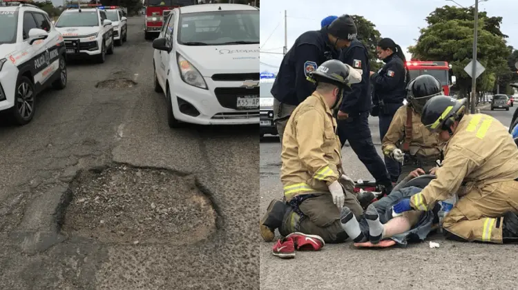 El motociclista cayó del vehículo tras pasar por un bache en la vialidad. (Foto: Jesús Ballesteros/EXPRESO)