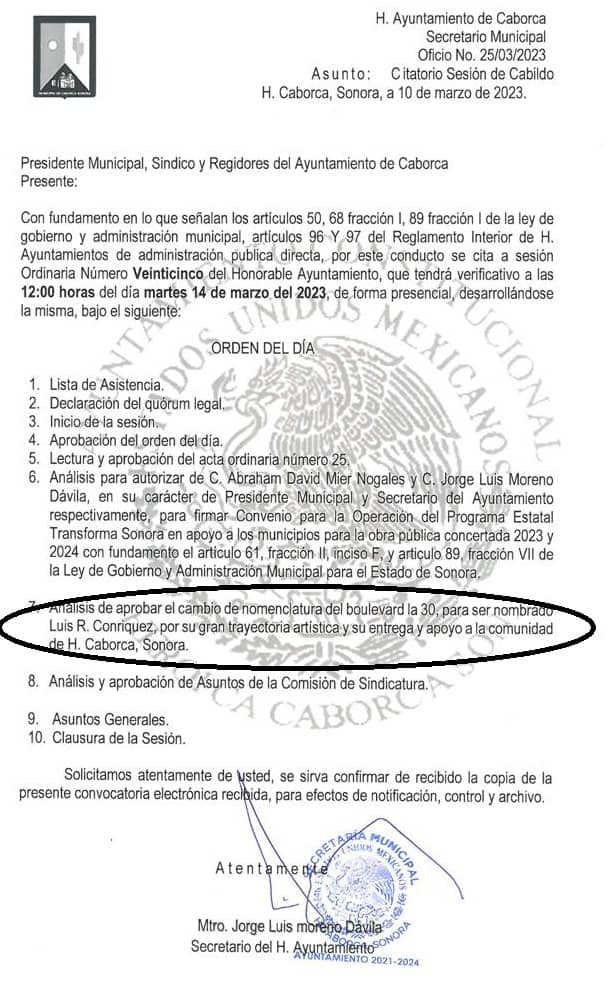 Caborca nombraría calle en honor a Luis R. Conríquez
