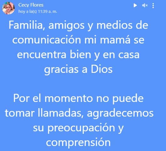 Familia de Ceci Flores confirma que se encuentra en casa