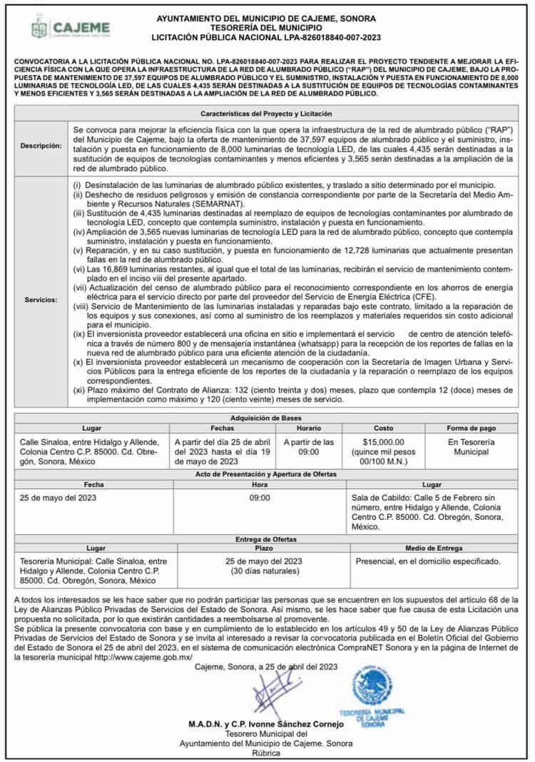 Cajeme lanza licitación nacional para brindar servicio de alumbrado público