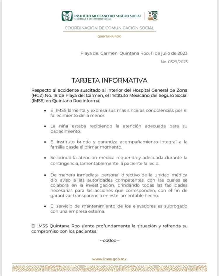 Menor muere aplastada por falla de ascensor en hospital de Quintana Roo