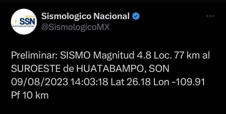 Se registra sismo de 4.8 grados en Huatabampo