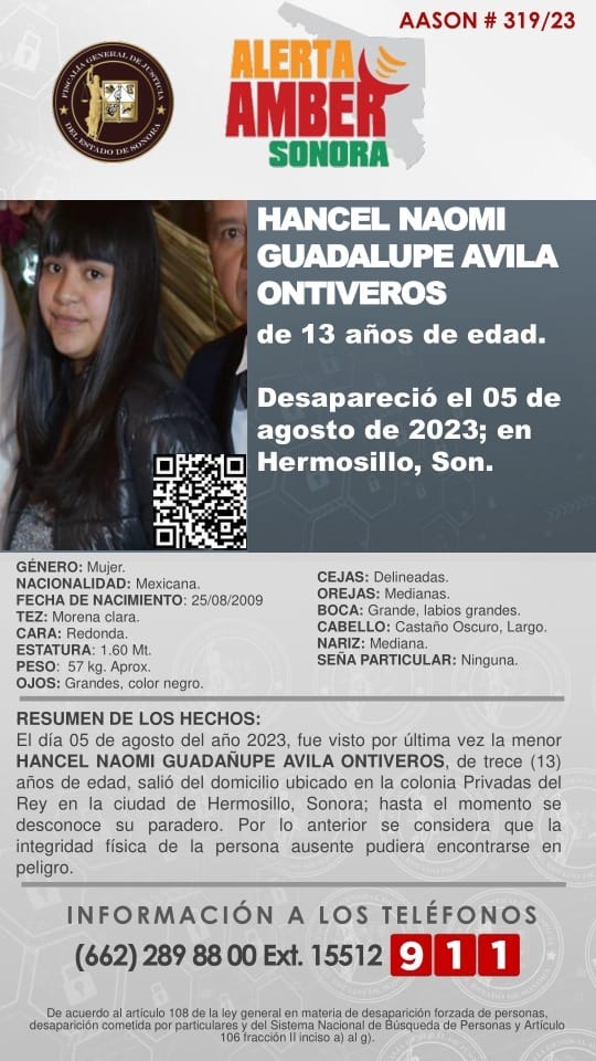 Activan Alerta Amber para localizar a Hancel Naomi Ávila en Hermosillo
