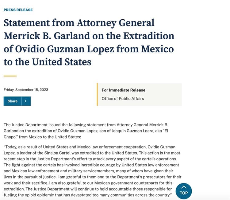 Autoridades de Estados Unidos confirman extradición de Ovidio Guzmán