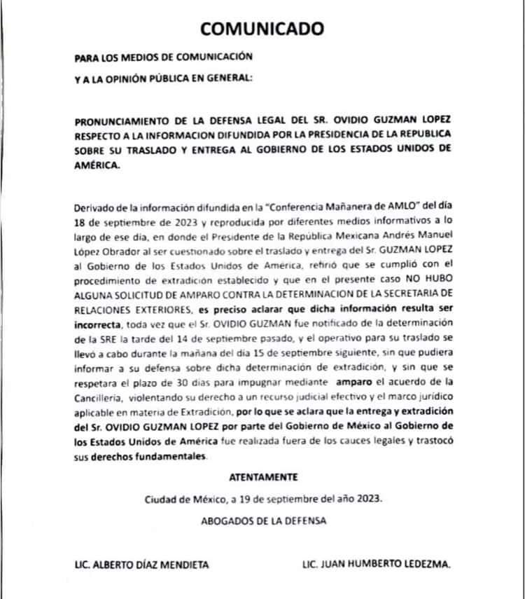 Defensa de Ovidio Guzmán alega que extradición se realizó fuera de la ley