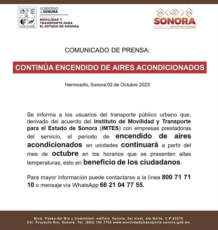 Imtes amplía a octubre encendido de aires acondicionados en transporte