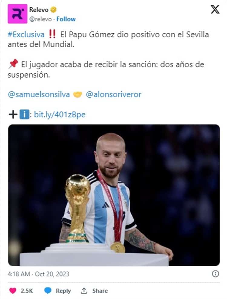 Papu Gómez es suspendido 2 años por dopaje previo a Qatar 2022