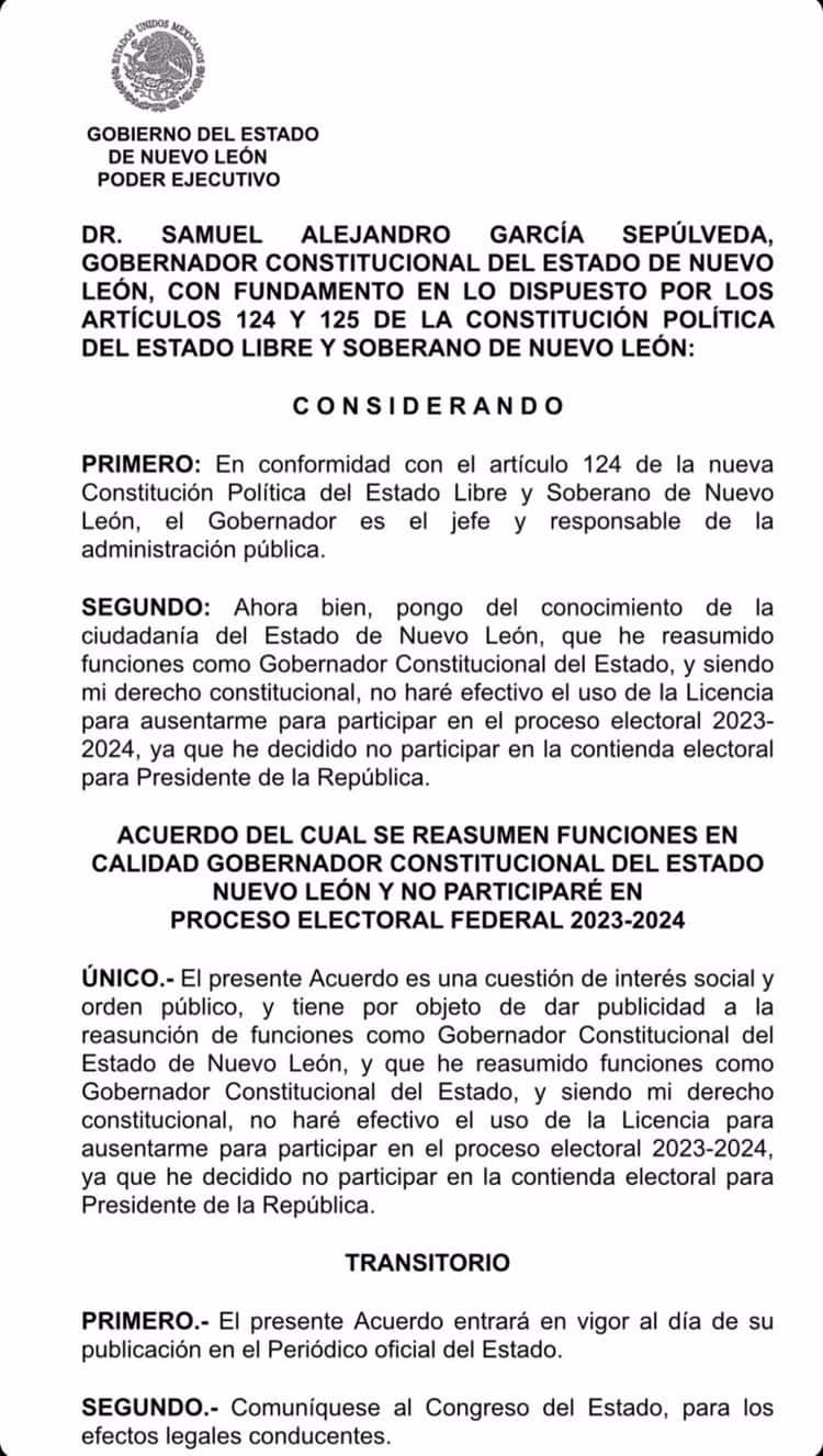 Samuel García oficializa que se baja de la contienda por la Presidencia