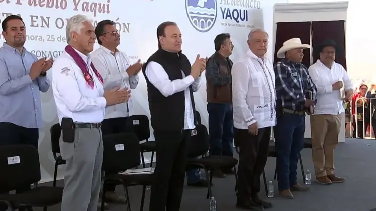 Andrés Manuel López Obrador inauguró el Acueducto Yaqui en Cajeme. (Foto: Captura de video)