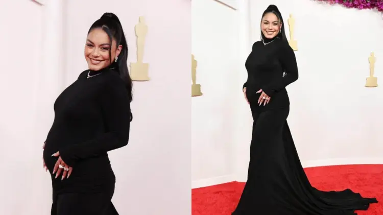 Vanessa Hudgens desfiló en un vestido negro largo con cuello de tortuga. (Kevin Mazur/Getty Images)
