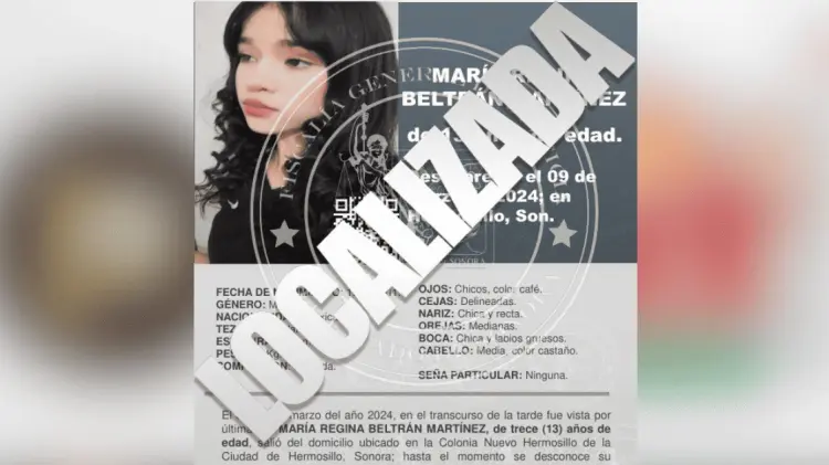 Se desactivó la Alerta Amber Sonora por María Regina Beltrán Martínez. (Foto: Cortesía)