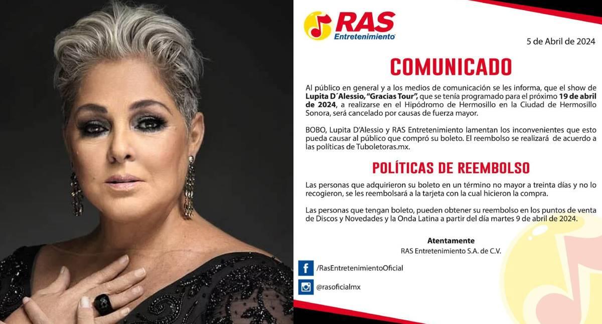 Cancelan concierto de Lupita D Alessio en Hermosillo