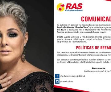 Cancelan concierto de Lupita D Alessio en Hermosillo