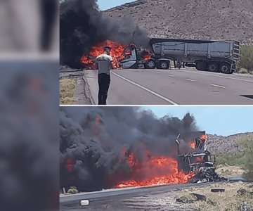 Atienden incendio de vehículos de carga en carretera Sonoyta-SLRC