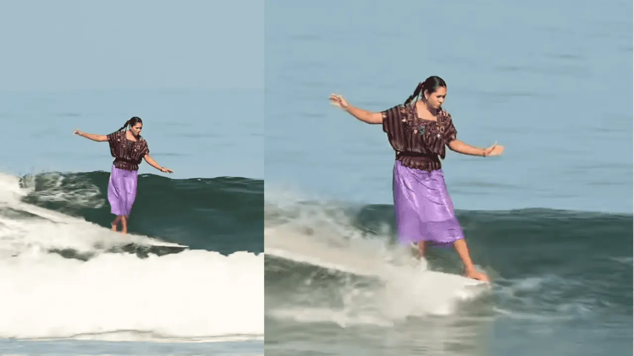 Surfista mexicana Patricia Ornelas desafía olas con huipil