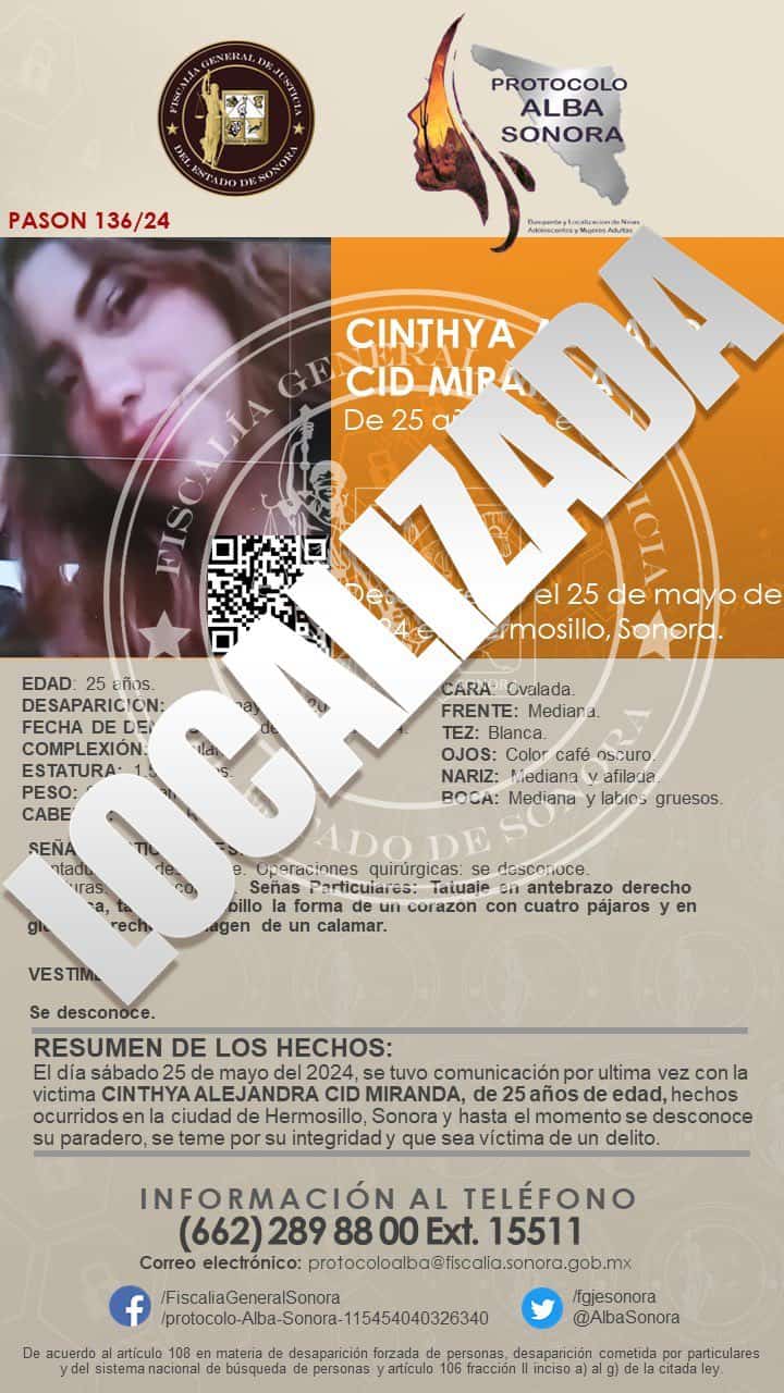 Localizan sana y salva a la joven Cinthya Cid Miranda