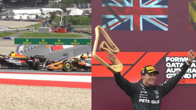 Russell aprovechó el DNF de Norris por contacto con Verstappen y ganó el GP de Austria. (Cortesía)
