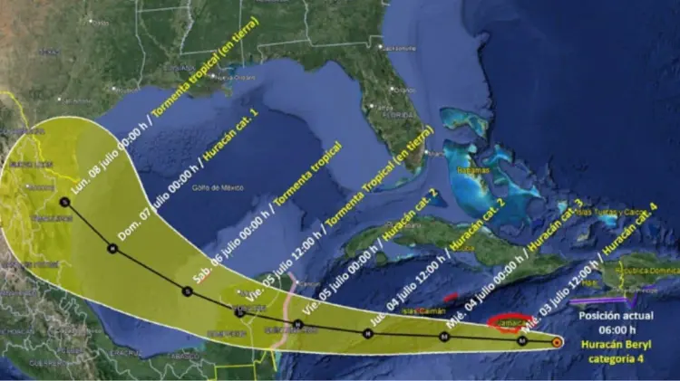 El huracán Beryl podría entrar a tierra por el estado de Quintana Roo. (Imagen: @conagua_clima)