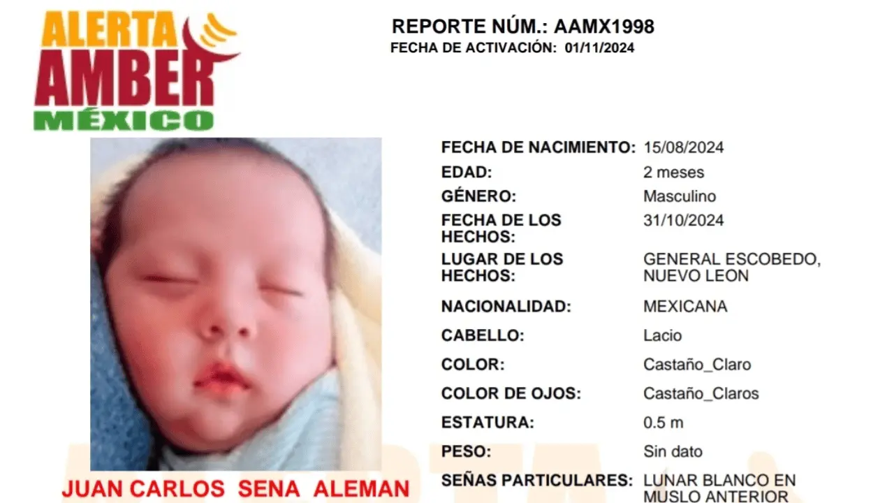 Activan Alerta Amber por robo de bebé de 3 meses de edad en Nuevo León