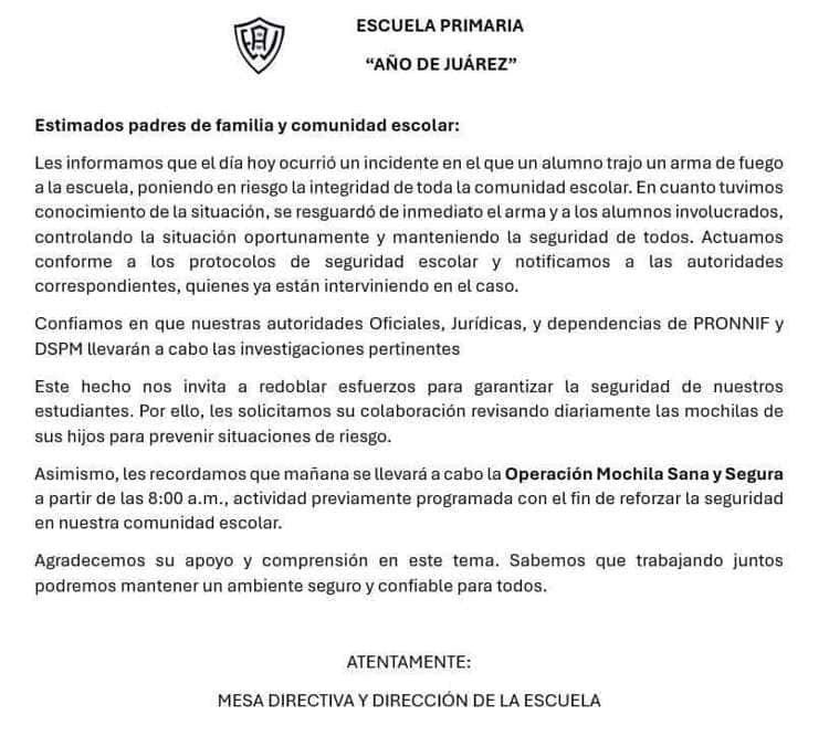 Alumno de primaria dispara arma de fuego dentro de un salón de clases