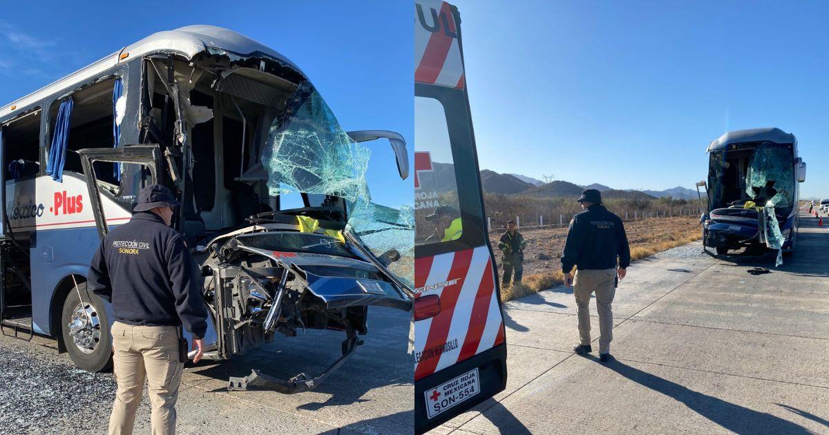 Chocan tráiler y autobús de pasajeros en la carretera Hermosillo-Guaymas