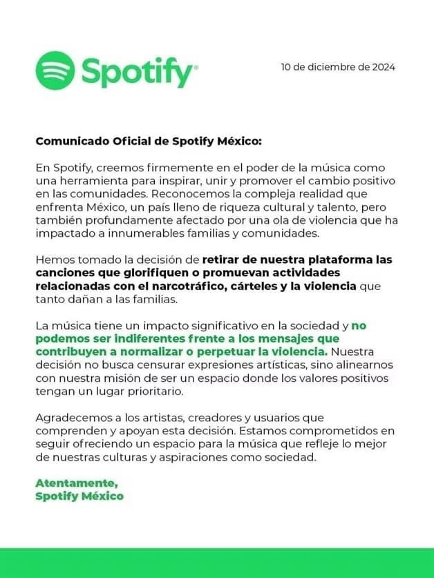 Spotify responde sobre el supuesto retiro de narcocorridos de su plataforma