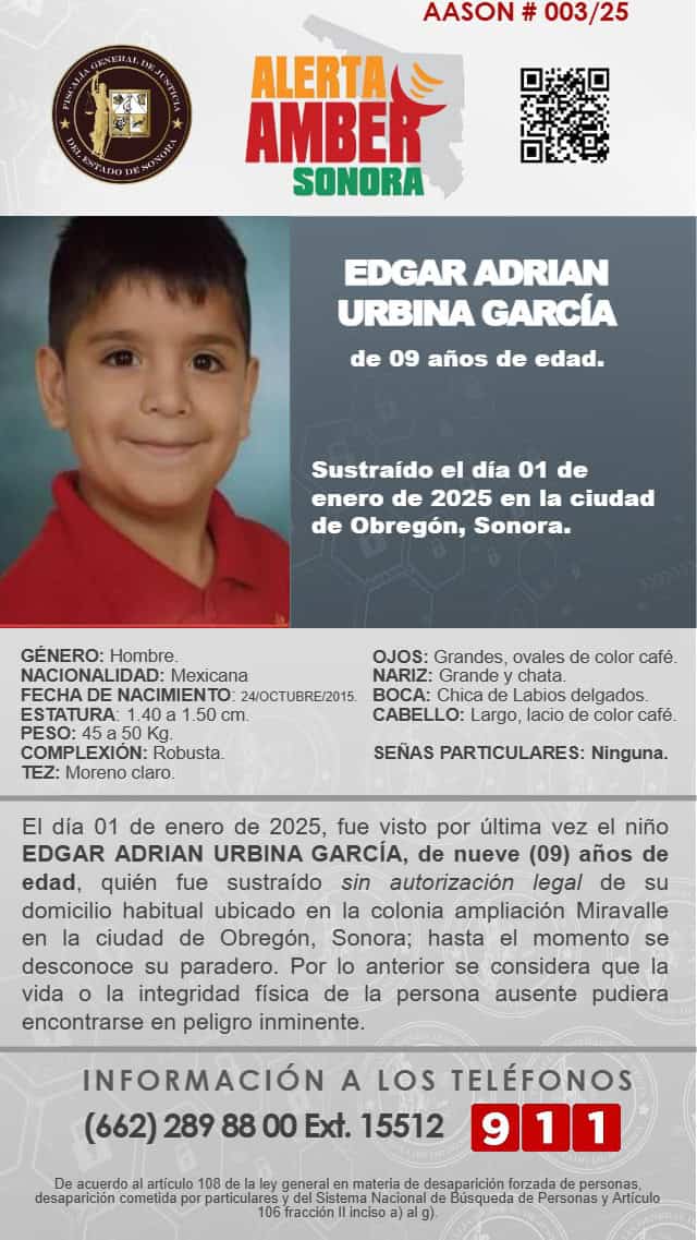 Activan Alerta Amber para la búsqueda de Édgar Adrián, menor de 9 años