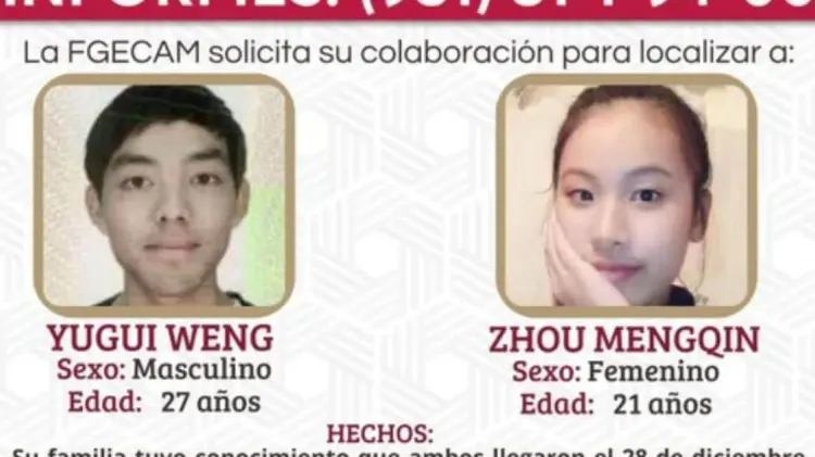 Los turistas fueron identificados como Yugui Weng y Zhou Mengqin. (Foto: @fgecam)