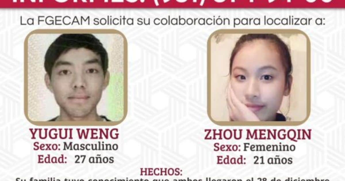 Reportan desaparición de dos turistas chinos en Campeche