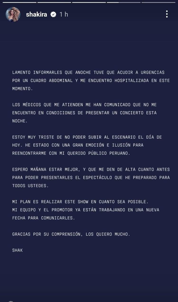 Shakira es hospitalizada de emergencia y cancela concierto en Perú