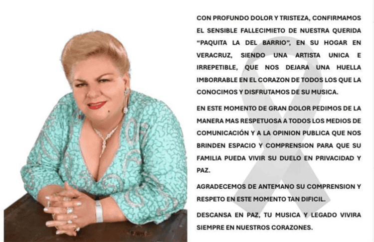 Fallece la cantante Paquita la del Barrio, a los 77 años de edad