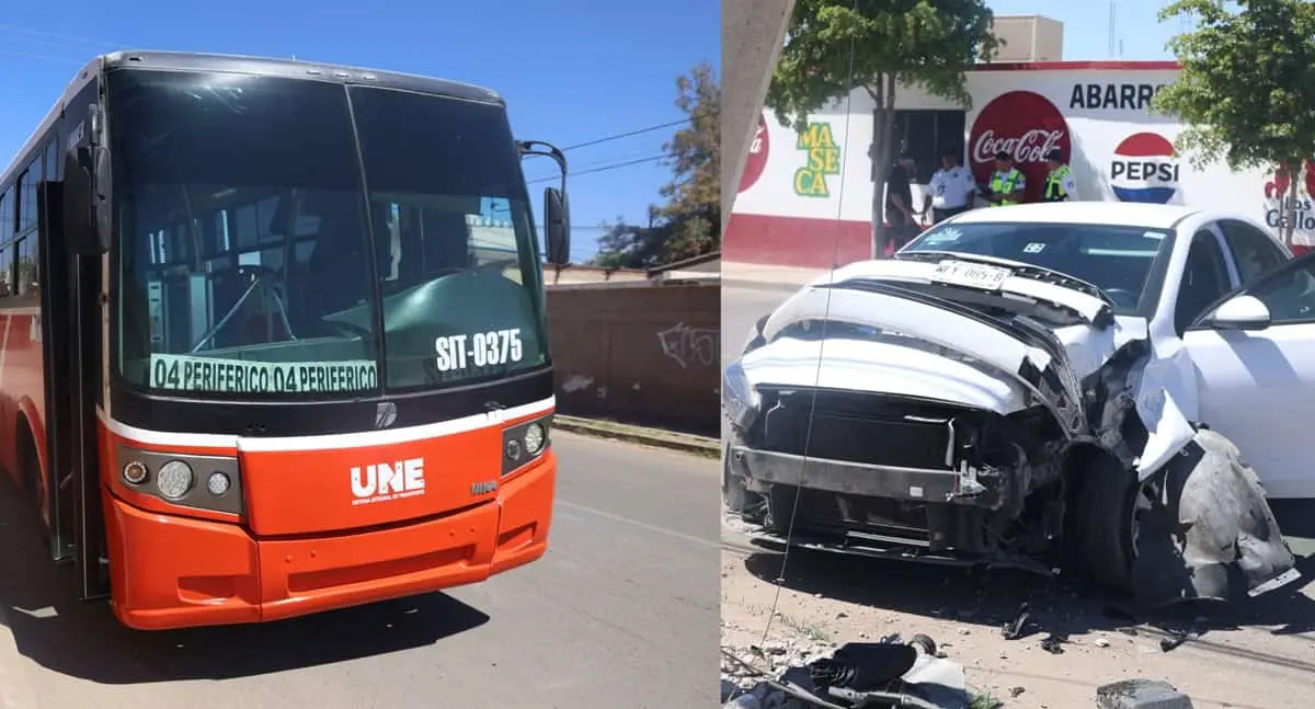 Fuerte choque entre transporte urbano y sedán en Hermosillo
