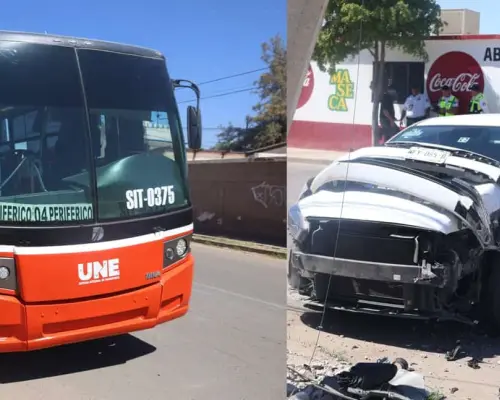 Fuerte choque entre transporte urbano y sedán en Hermosillo