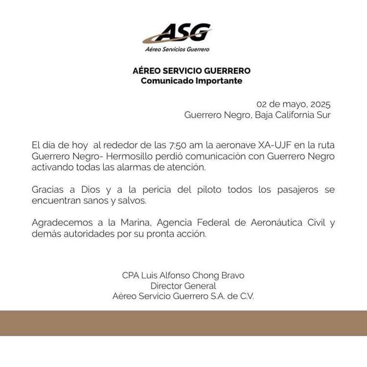 Avioneta con destino a Hermosillo aterriza de emergencia en Baja California