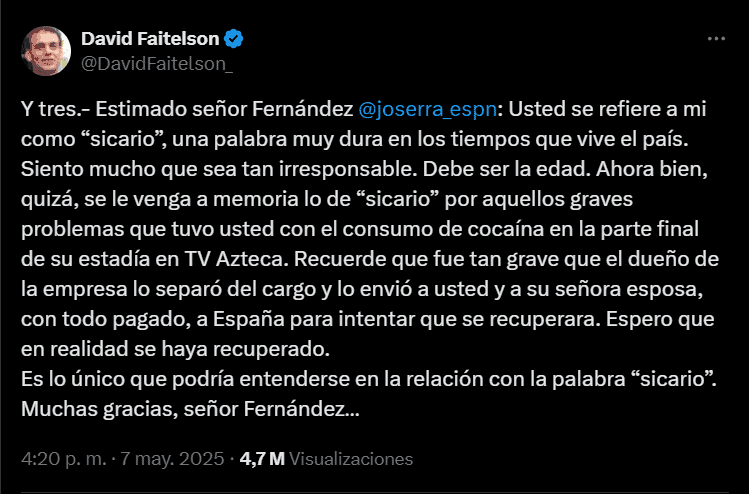 Faitelson acusa a José Ramón Fernández de adicto tras ser llamado “sicario