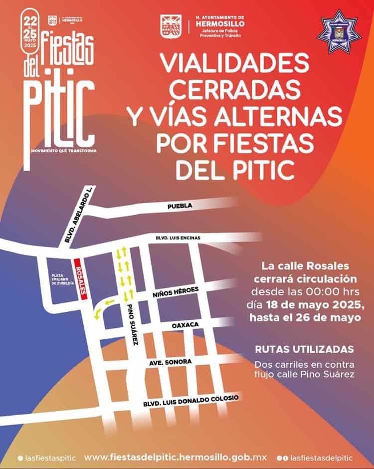 Cierran tráfico vehicular en avenida Rosales por Fiestas del Pitic 2025