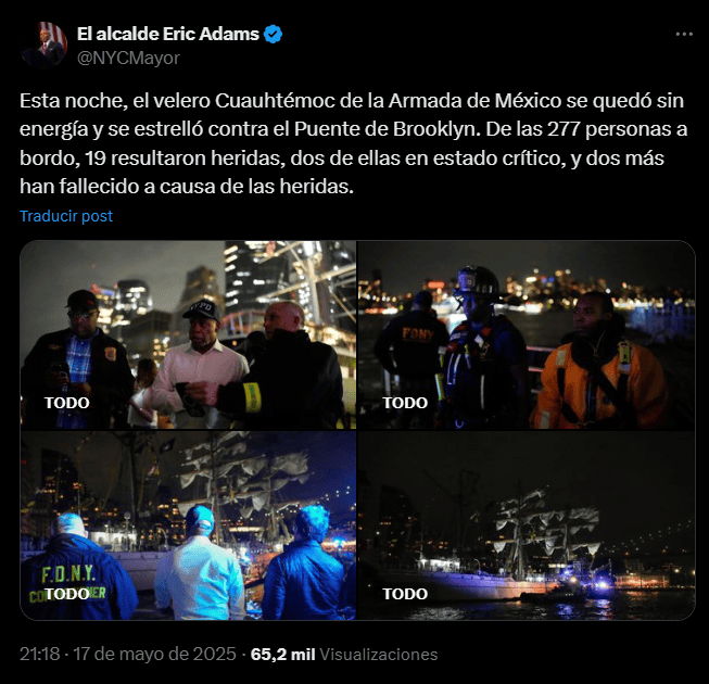 Confirman fallecidos por choque del buque Cuauhtémoc de Semar en Nueva York