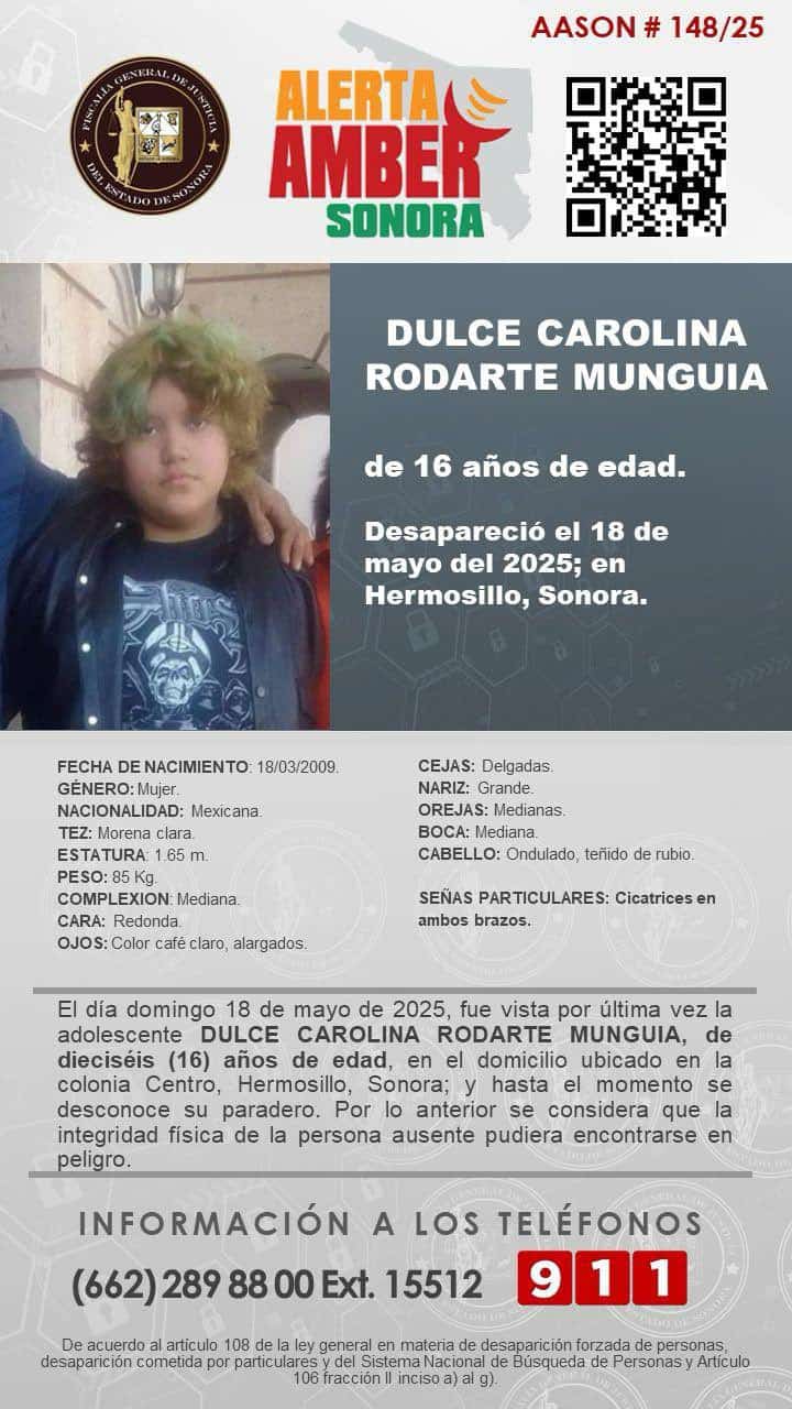 Activan Alerta Amber por desaparición de Dulce Carolina en Hermosillo