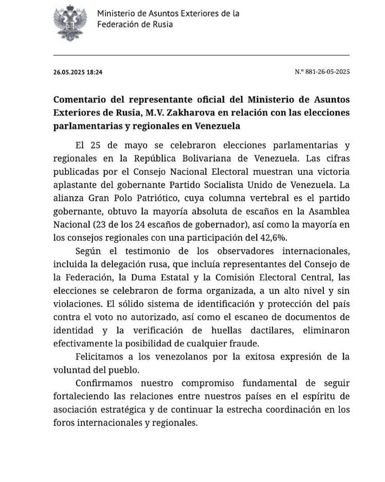 Rusia celebra el triunfo del oficialismo venezolano en las urnas