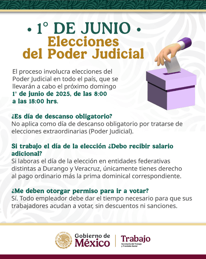 Elección del Poder Judicial no será feriado, confirma la STPS