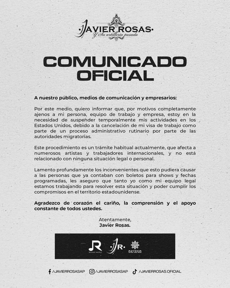 Javier Rosas suspende gira en EU tras cancelación de visa de trabajo