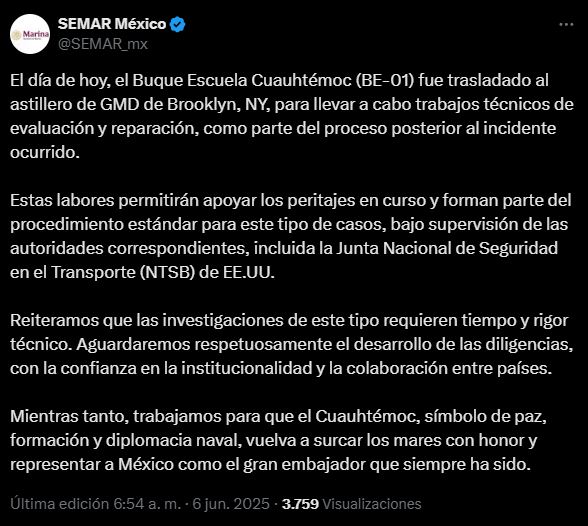 Buque Cuauhtémoc es trasladado a astillero en Brooklyn, informa Semar