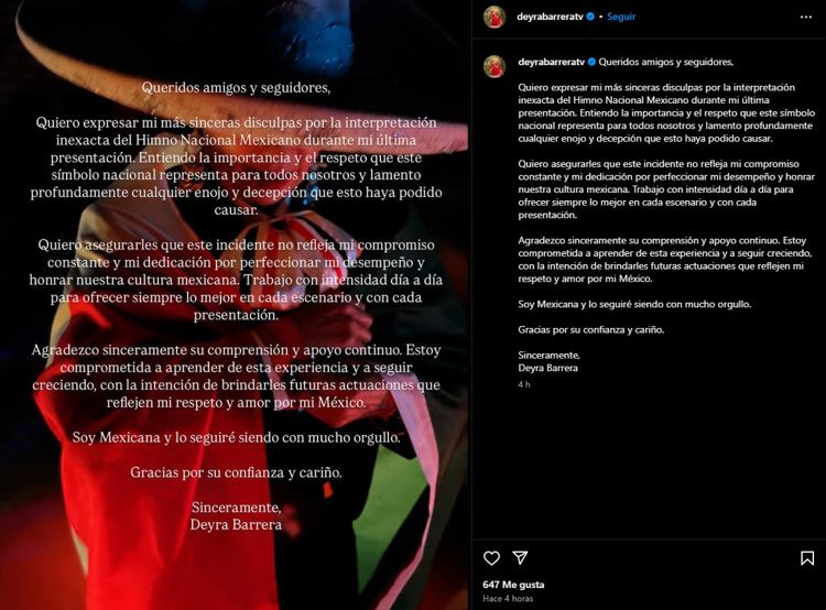 Deyra Barrera se disculpa por error al interpretar el Himno Nacional Mexicano