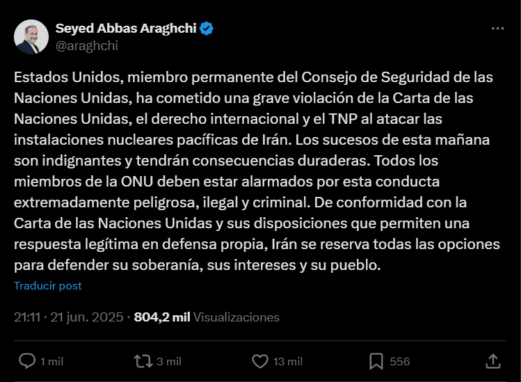 Teherán califica bombardeo de EU como “acto criminal”; amenaza con respuesta