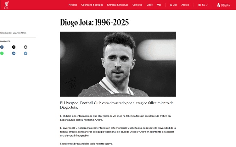 Diogo Jota, estrella del Liverpool, muere en trágico accidente en España