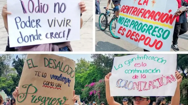 Pancartas con mensajes de la primera marcha de protesta contra la gentrificación en CDMX